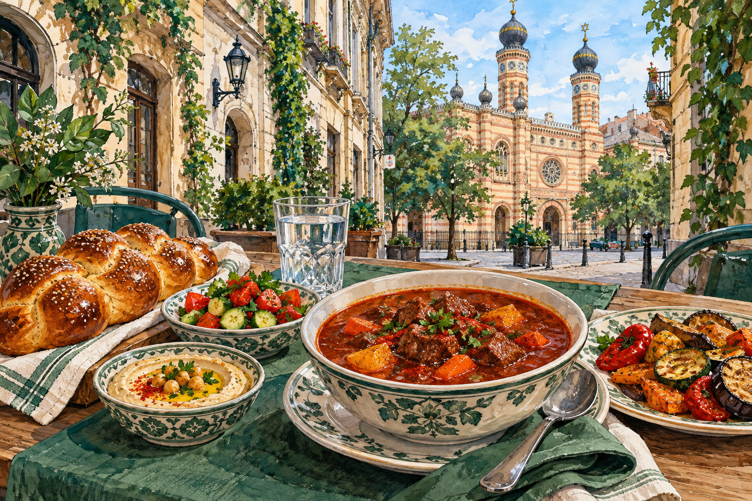 איור של שולחן עם מרק גולש, חלה, חומוס וירקות בהשראת הרובע היהודי בבודפשט